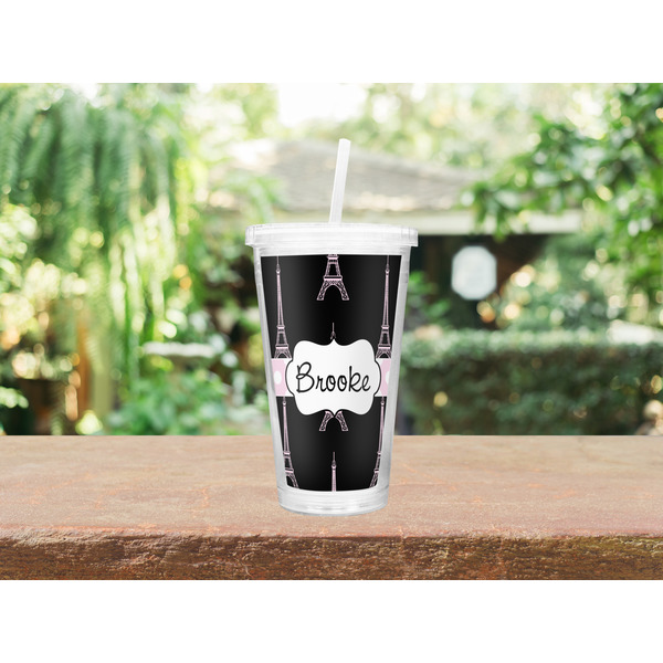 Black Eiffel Tower Double Wall Tumbler with Straw Lifestyle