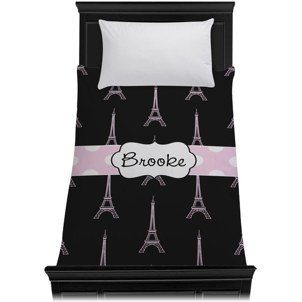 Black Eiffel Tower Duvet Cover - Twin - On Bed - No Prop
