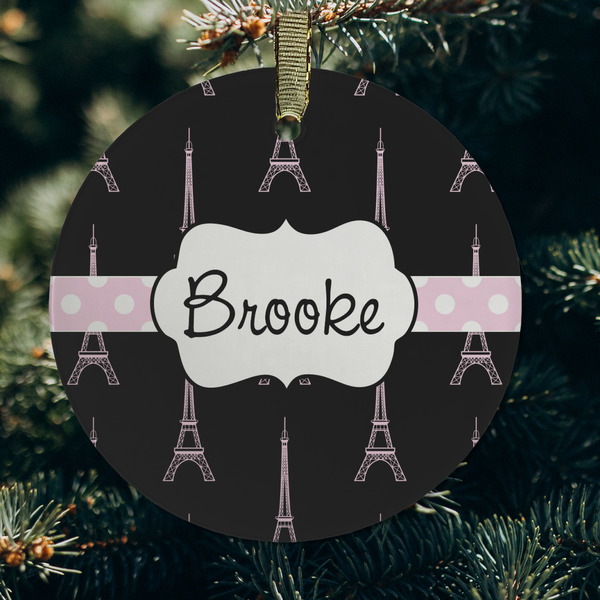 Black Eiffel Tower Frosted Glass Ornament - Round (Lifestyle)