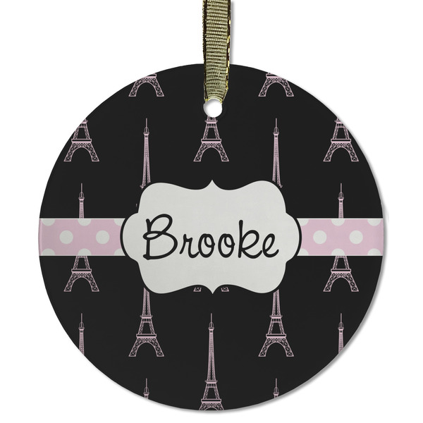 Custom Black Eiffel Tower Flat Glass Ornament - Round w/ Name or Text