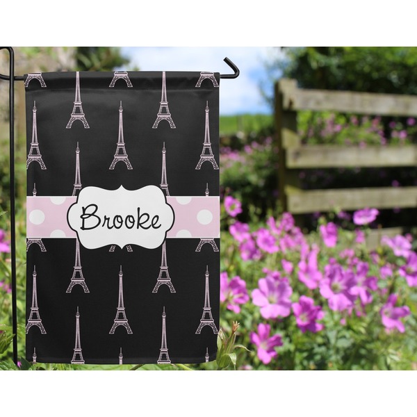 Black Eiffel Tower Garden Flag - Outside In Flowers