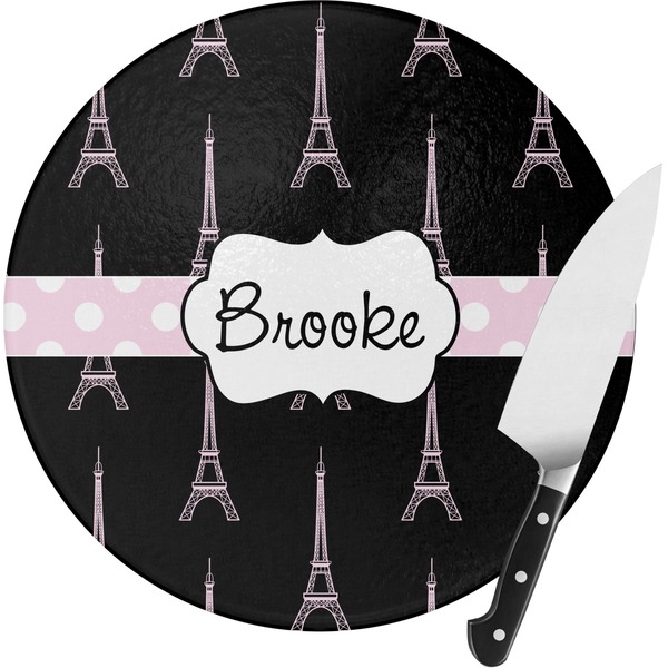 Custom Black Eiffel Tower Round Glass Cutting Board - Medium (Personalized)