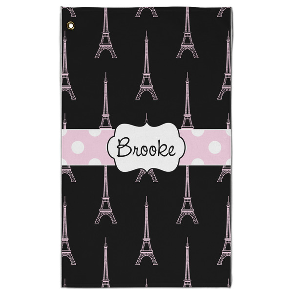 Custom Black Eiffel Tower Golf Towel - Poly-Cotton Blend - Large w/ Name or Text