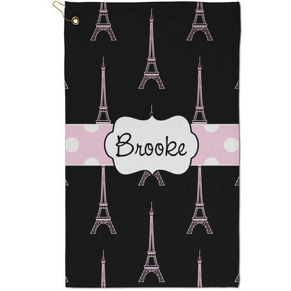 Custom Black Eiffel Tower Golf Towel - Poly-Cotton Blend - Small w/ Name or Text