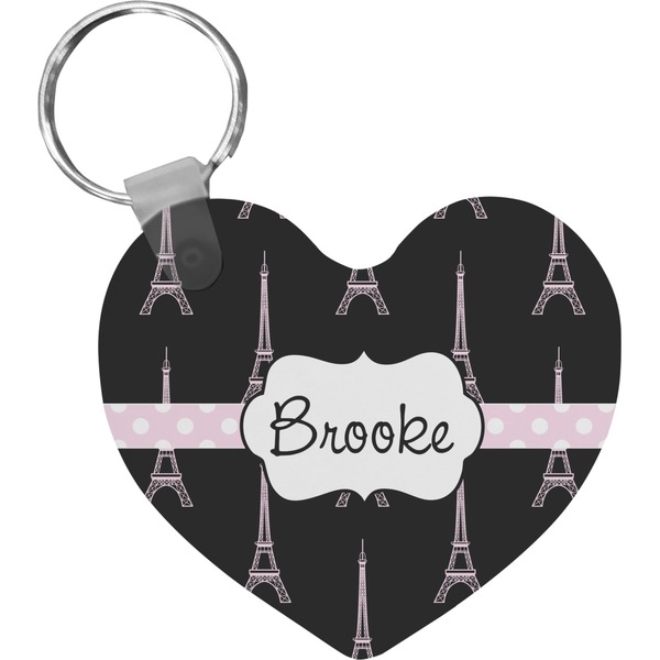 Custom Black Eiffel Tower Heart Plastic Keychain w/ Name or Text