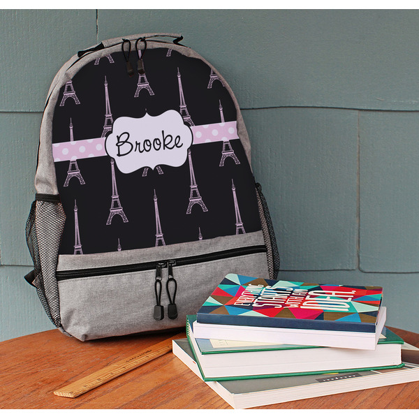 Black Eiffel Tower Large Backpack - Gray - On Desk