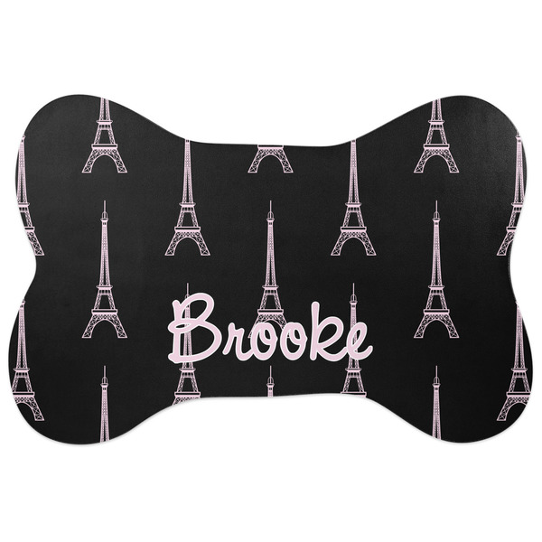 Custom Black Eiffel Tower Bone Shaped Dog Food Mat (Personalized)