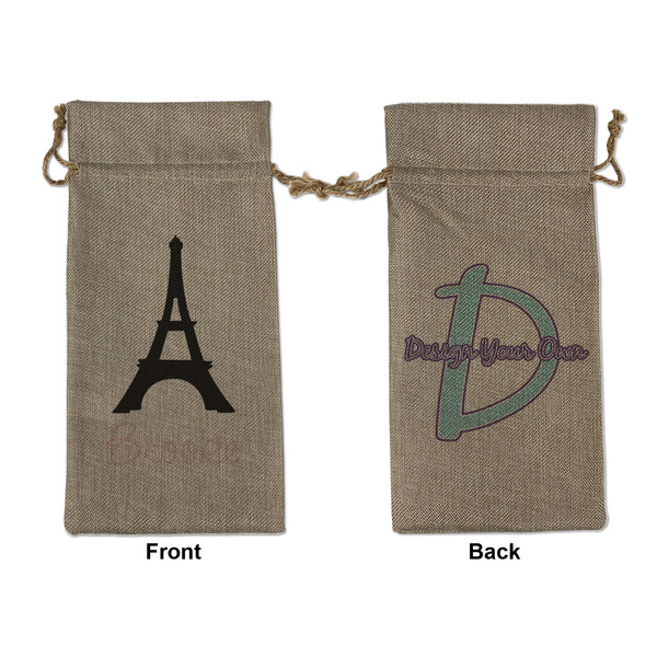Custom Black Eiffel Tower Large Burlap Gift Bag - Front & Back (Personalized)