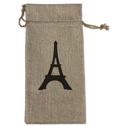 Black Eiffel Tower Large Burlap Gift Bag - Front (Personalized)