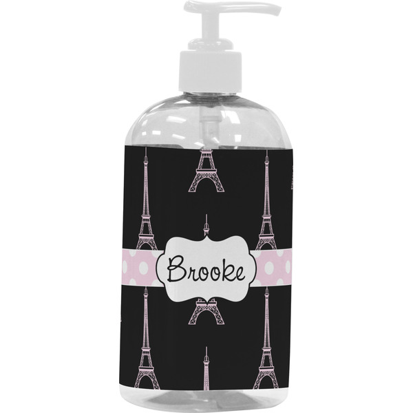 Custom Black Eiffel Tower Plastic Soap / Lotion Dispenser (16 oz - Large - White) (Personalized)