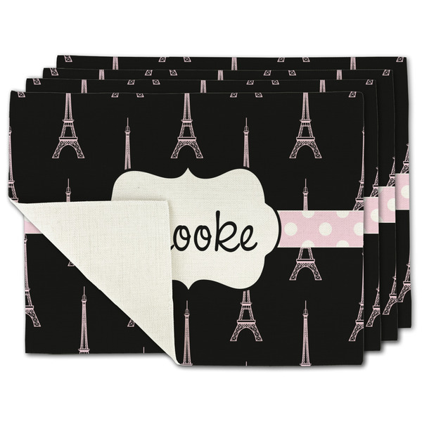 Custom Black Eiffel Tower Single-Sided Linen Placemat - Set of 4 w/ Name or Text