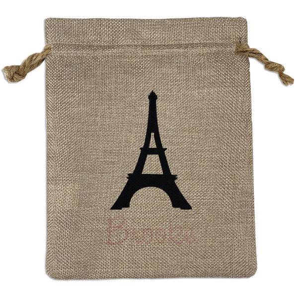 Custom Black Eiffel Tower Medium Burlap Gift Bag - Front (Personalized)