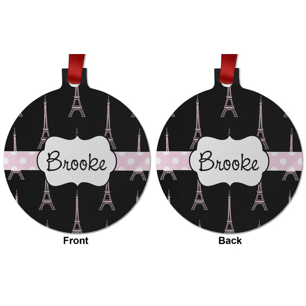 Black Eiffel Tower Metal Ball Ornament - Front and Back