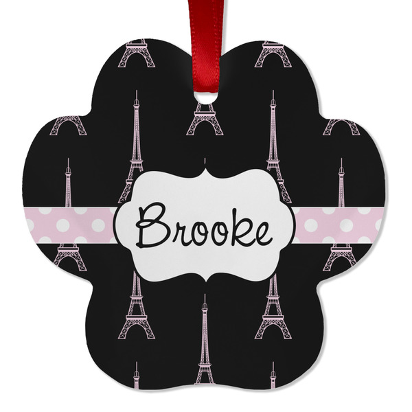 Custom Black Eiffel Tower Metal Paw Ornament - Double Sided w/ Name or Text