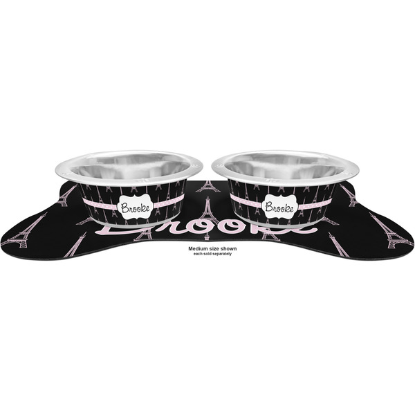 Black Eiffel Tower Metal Pet Bowls - On Dog Bone Shaped Mat