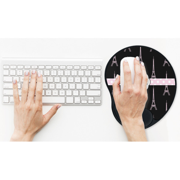 Black Eiffel Tower Mouse Pad with Wrist Rest - LIFESYTLE 2 (in use)