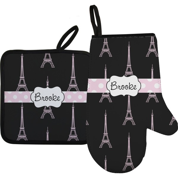 Custom Black Eiffel Tower Oven Mitt & Pot Holder Set w/ Name or Text