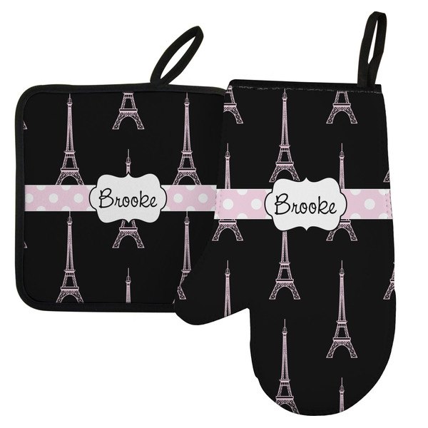 Custom Black Eiffel Tower Left Oven Mitt & Pot Holder Set w/ Name or Text
