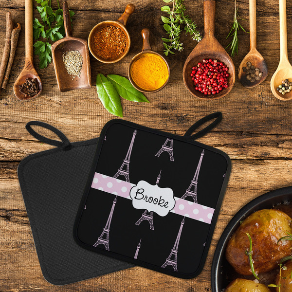 Black Eiffel Tower Neoprene Pot Holder - Set of 2  LIFESTYLE (Flatlay)