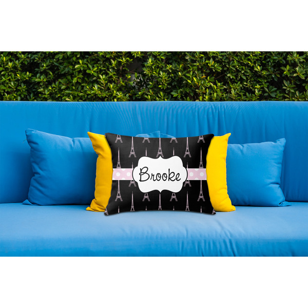Black Eiffel Tower Outdoor Throw Pillow  - LIFESTYLE (Rectangular - 20x14)