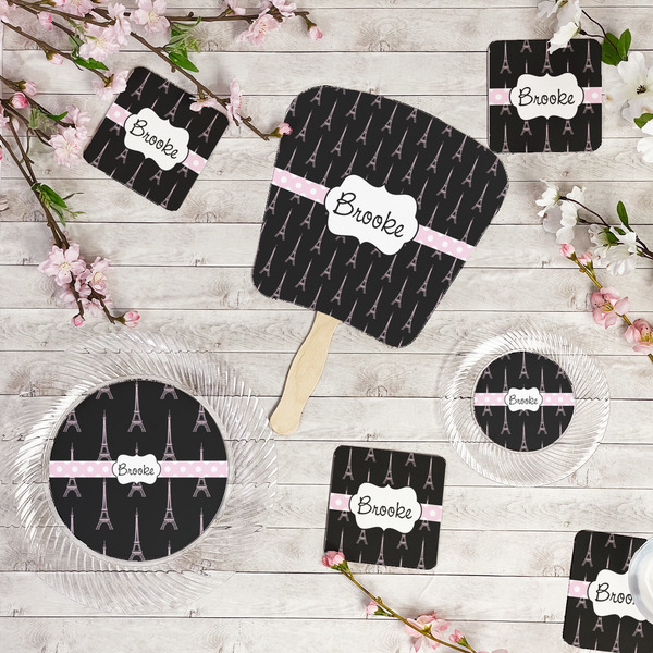Black Eiffel Tower Party Supplies Combination Image - All items - Plates, Coasters, Fans