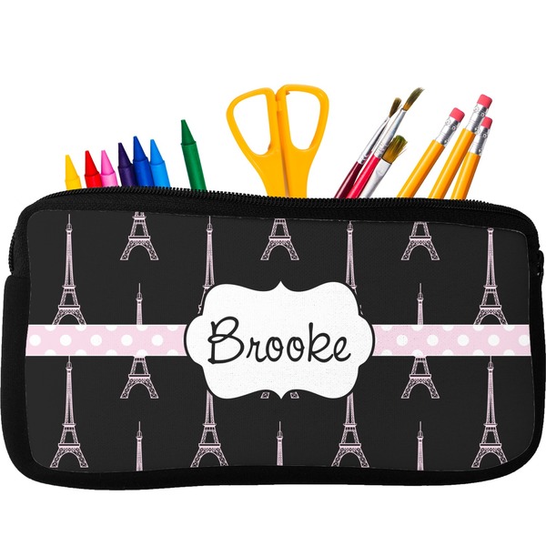 Custom Black Eiffel Tower Neoprene Pencil Case - Small w/ Name or Text