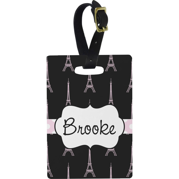 Custom Black Eiffel Tower Plastic Luggage Tag - Rectangular w/ Name or Text