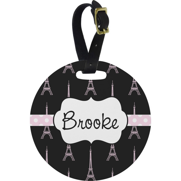 Custom Black Eiffel Tower Plastic Luggage Tag - Round (Personalized)
