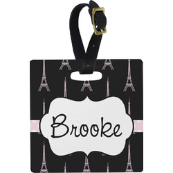 Black Eiffel Tower Plastic Luggage Tag - Square w/ Name or Text