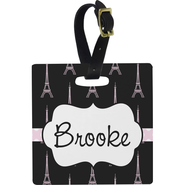 Custom Black Eiffel Tower Plastic Luggage Tag - Square w/ Name or Text