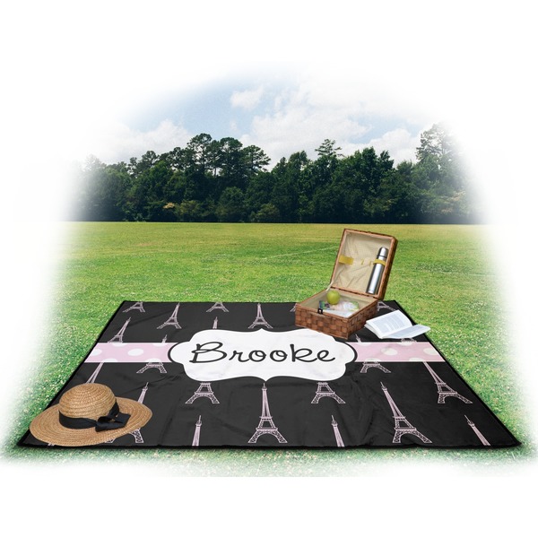 Black Eiffel Tower Picnic Blanket - with Basket Hat and Book - in Use