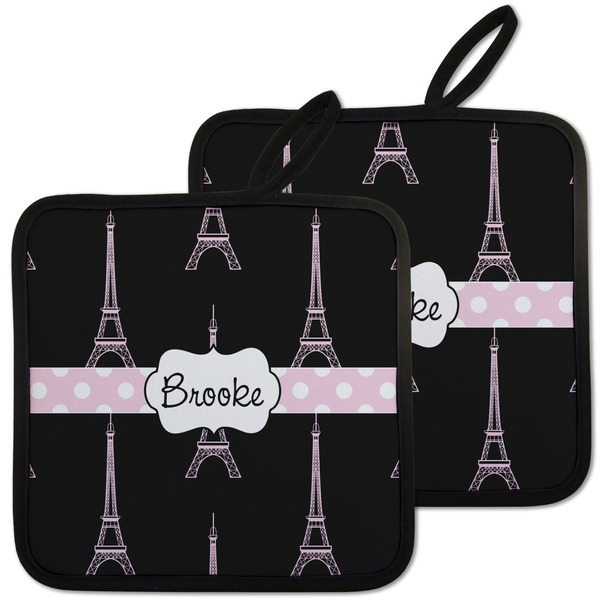 Custom Black Eiffel Tower Pot Holders - Set of 2 w/ Name or Text
