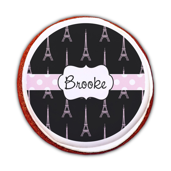 Black Eiffel Tower Printed Icing Circle - Medium - On Cookie