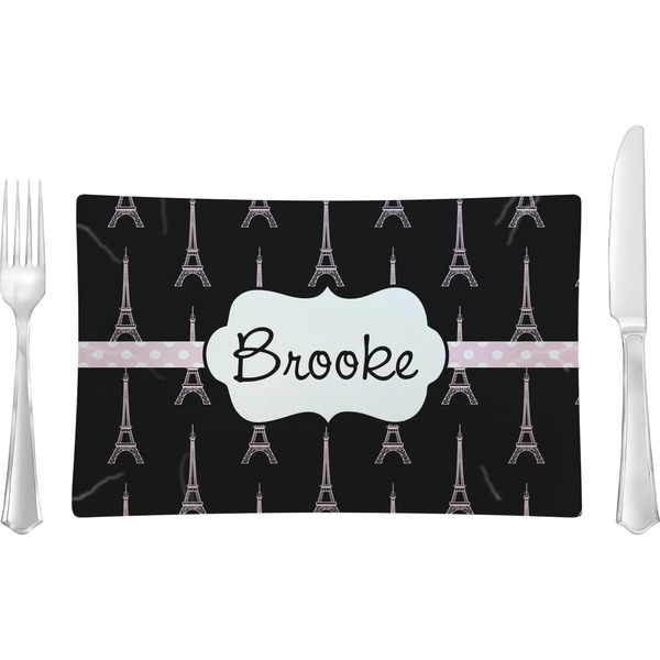 Custom Black Eiffel Tower Rectangular Glass Lunch / Dinner Plate - Single or Set (Personalized)