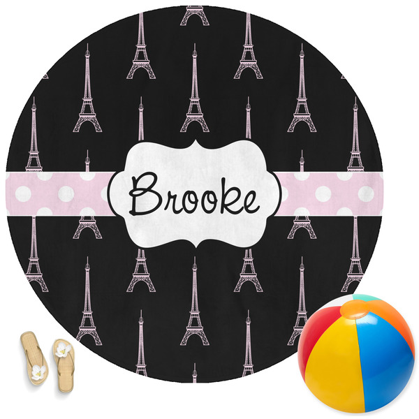 Custom Black Eiffel Tower Round Beach Towel (Personalized)