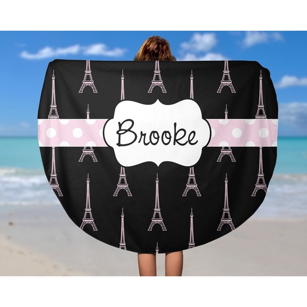 Black Eiffel Tower Round Beach Towel - In Use