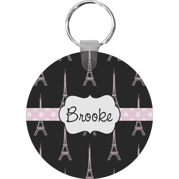 Custom Black Eiffel Tower Round Plastic Keychain (Personalized)