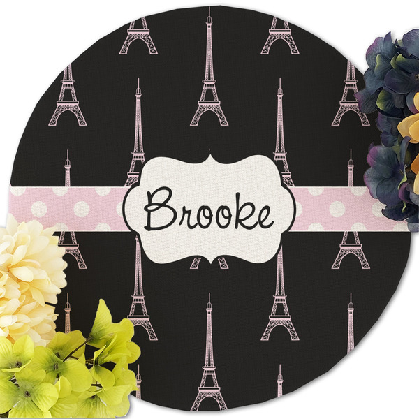 Black Eiffel Tower Round Linen Placemats - Front (w flowers)