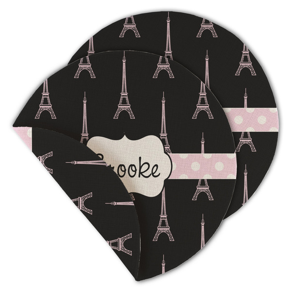 Custom Black Eiffel Tower Round Linen Placemat - Double Sided (Personalized)