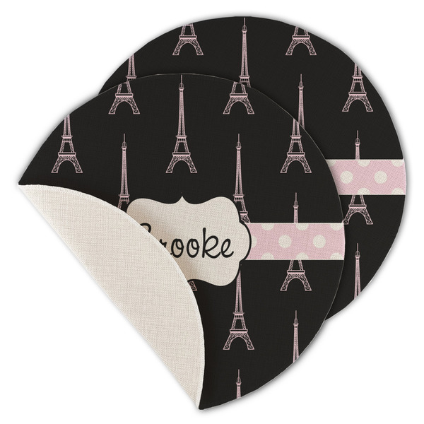 Custom Black Eiffel Tower Round Linen Placemat - Single Sided - Set of 4 (Personalized)