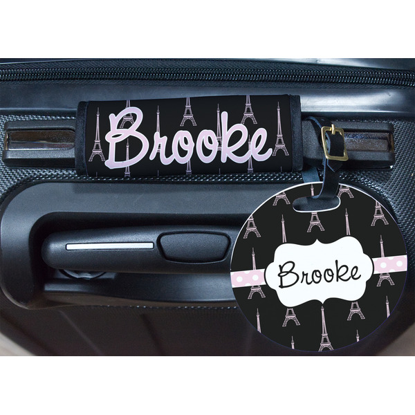 Black Eiffel Tower Round Luggage Tag & Handle Wrap - In Context