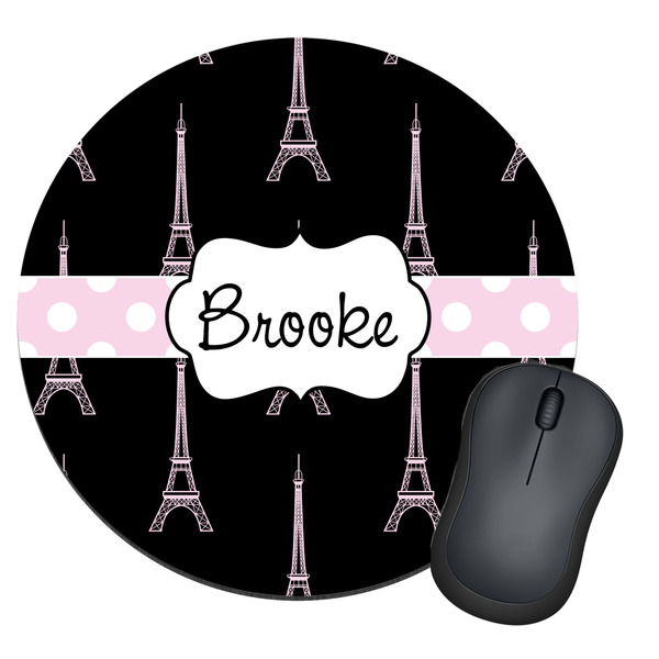 Custom Black Eiffel Tower Round Mouse Pad (Personalized)
