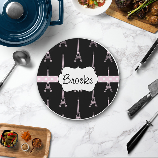 Black Eiffel Tower Round Stone Trivet - In Context View