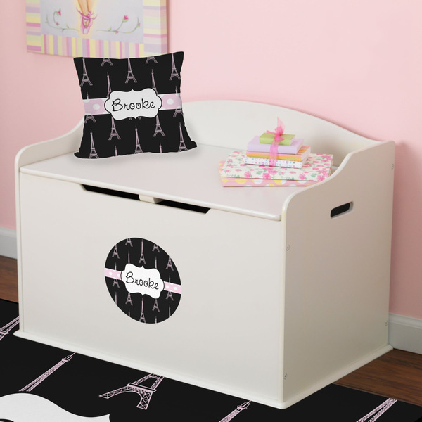 Black Eiffel Tower Round Wall Decal on Toy Chest