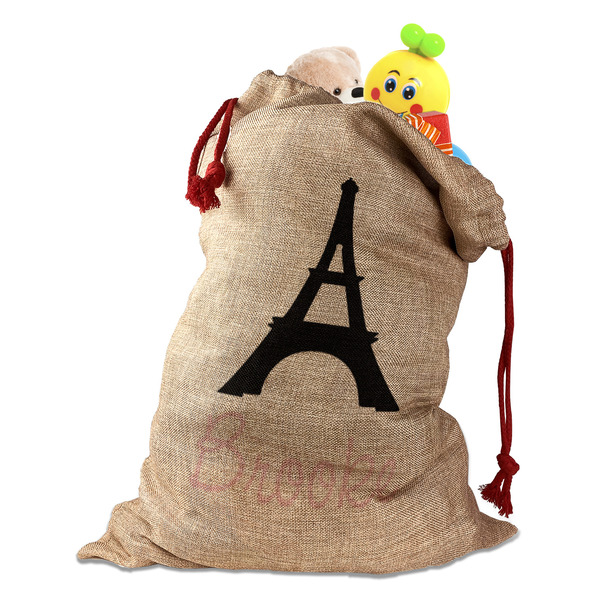 Black Eiffel Tower Santa Bag - Front (stuffed w toys) PARENT