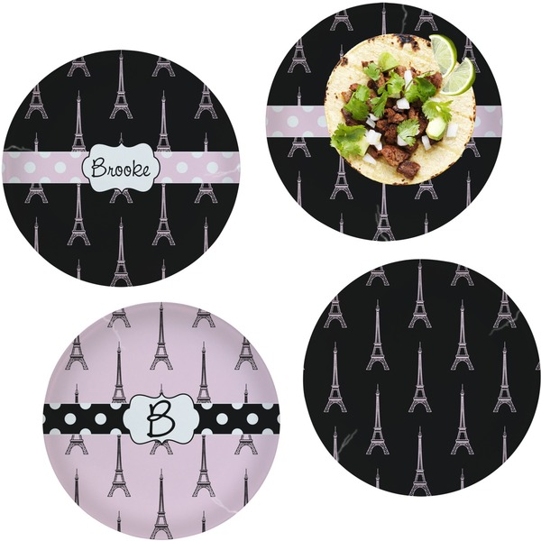 Custom Black Eiffel Tower Set of 4 Glass Lunch / Dinner Plate 10" (Personalized)