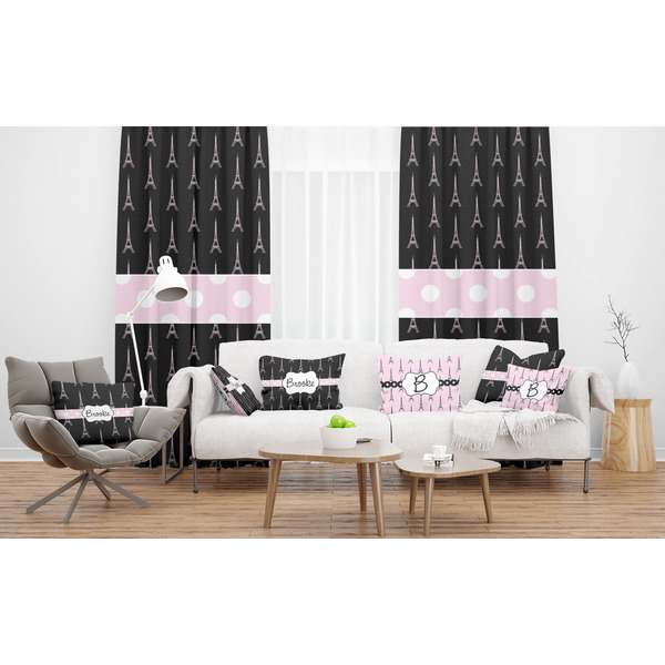 Black Eiffel Tower Sheer and Custom Curtains in Room with Matching Pillows