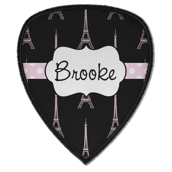 Custom Black Eiffel Tower Iron on Shield Patch A w/ Name or Text