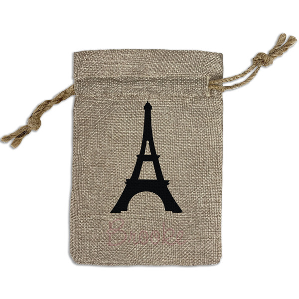 Custom Black Eiffel Tower Small Burlap Gift Bag - Front (Personalized)