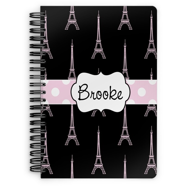 Custom Black Eiffel Tower Spiral Notebook - 7x10 w/ Name or Text